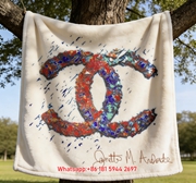 Chanel Red Blue Mosaic Splatter CC Logo Flannel Sofa Throw Blanket IMG_6841